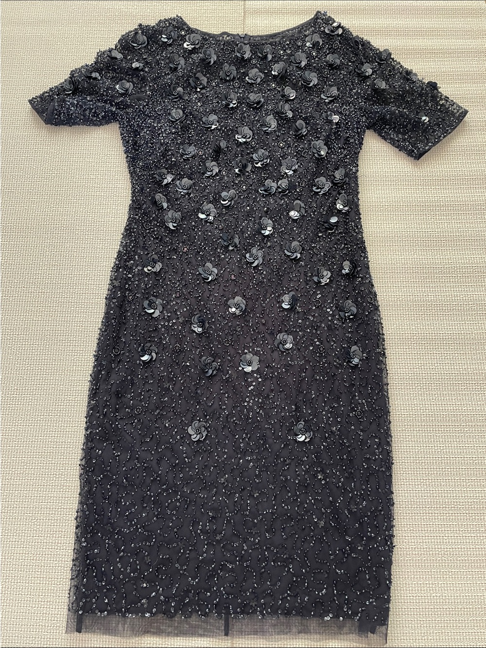Adrianna Papell beaded dress Navy. Floral Appliqué Beaded